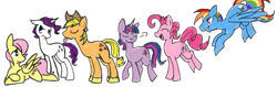 Size: 1765x560 | Tagged: safe, artist:cleppyclep, derpibooru import, applejack, applejack (male), bubble berry, butterscotch, dusk shine, elusive, fluttershy, pinkie pie, rainbow blitz, rainbow dash, rarity, twilight sparkle, earth pony, pegasus, pony, unicorn, mane six, rule 63