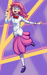 Size: 731x1162 | Tagged: safe, artist:7nights, pinkie pie, human, abstract background, bowtie, clothes, female, glasses, humanized, skinny, skirt, solo