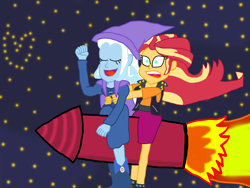 Size: 4032x3024 | Tagged: safe, artist:bigpurplemuppet99, derpibooru import, sunset shimmer, trixie, better together, equestria girls, fall formal outfits, female, lesbian, rocket, shipping, suntrix