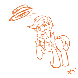 Size: 900x900 | Tagged: safe, artist:microgrid, applejack, earth pony, pony, female, hat, mare, monochrome, raised hoof, solo, wind