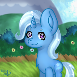 Size: 1400x1400 | Tagged: safe, artist:yumomochan, derpibooru import, trixie, unicorn, blue pony, chibi, cute, digital art