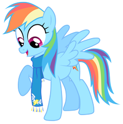 Size: 4696x4739 | Tagged: safe, artist:jennieoo, rainbow dash, pegasus, pony, absurd resolution, clothes, female, looking down, mare, open mouth, raised hoof, scarf, simple background, smiling, solo, spread wings, transparent background, vector, wonderbolts