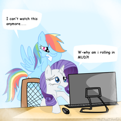 Size: 894x894 | Tagged: safe, artist:thedogzisland2, rainbow dash, rarity, pegasus, pony, unicorn, computer, covering eyes, cringing, duo, duo female, female, mare