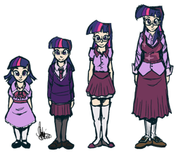 Size: 800x697 | Tagged: safe, artist:theartrix, twilight sparkle, human, adult, age progression, anatomy study, blouse, child, clothes, dress, humanized, line-up, mary janes, miniskirt, necktie, school uniform, schoolgirl, sketch, skirt, sweater, teenager, thigh highs, time warp, toddler, vest, younger