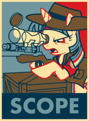 Size: 720x978 | Tagged: safe, artist:herbsmoker, derpibooru import, twilight sparkle, pony, unicorn, assassin, clothes, female, gun, hat, hooves, hope poster, horn, mare, open mouth, optical sight, poster, propaganda, pun, rifle, scope, shepard fairey, sniper, sniper rifle, solo, team fortress 2, text, twilight sniper, weapon
