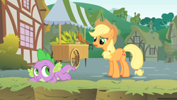 Size: 1280x720 | Tagged: safe, screencap, applejack, spike, dragon, earth pony, pony, feeling pinkie keen, duo, female, male, mare, ponyville