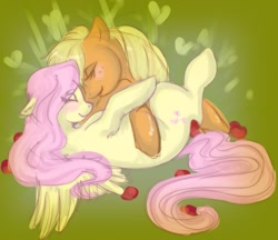 Size: 737x638 | Tagged: safe, artist:donenaya, applejack, fluttershy, earth pony, pegasus, pony, abstract background, appleshy, blushing, eyes closed, female, lesbian, mare, missing accessory, on back, shipping, smiling