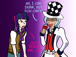 Size: 2691x2022 | Tagged: safe, artist:jamesfinch, derpibooru import, trixie, twilight sparkle, human, alcohol, glass, humanized, jojo's bizarre adventure, jonathan joestar, phantom blood, william zeppeli, wine, wine glass