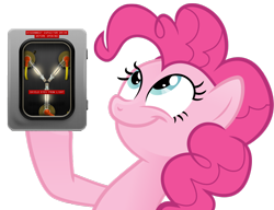 Size: 990x759 | Tagged: safe, pinkie pie, earth pony, pony, back to the future, female, flux capacitor, look what pinkie found, mare, meme, simple background, smiling, solo, transparent background