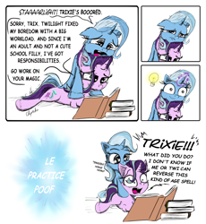Size: 2000x2176 | Tagged: safe, artist:chopsticks, derpibooru import, starlight glimmer, trixie, pony, unicorn, adorable distress, age regression, comic, cute, descriptive noise, dialogue, diatrixes, duo, duo female, ear bite, female, filly, foal, funny, glimmerbetes, goddammit trixie, hair flip, hair over one eye, horse noises, lightbulb, magic, nom, simple background, spell gone wrong, text, younger