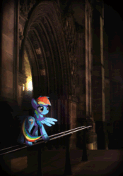 Size: 567x816 | Tagged: safe, artist:twodeepony, rainbow dash, pegasus, pony, animated, cathedral, cinemagraph, female, flickering lights, gif, irl, mare, photo, ponies in real life, railing, solo