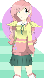 Size: 2322x4128 | Tagged: safe, artist:unicornicopian, fluttershy, human, clothes, humanized, miniskirt, skirt, solo, sweater, sweatershy, thigh highs, winged humanization