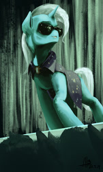 Size: 422x700 | Tagged: safe, artist:adolphbartels, derpibooru import, trixie, pony, unicorn, audience, cape, clothes, crossover, curtains, female, mare, red lights, solo, stage, sunglasses