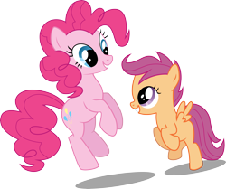 Size: 8000x6693 | Tagged: safe, artist:paranoidpuppiesinc, pinkie pie, scootaloo, earth pony, pegasus, pony, absurd resolution, duo, duo female, female, filly, mare, simple background, skipping, smiling, transparent background, vector