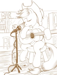 Size: 590x767 | Tagged: safe, artist:discotecnia ottanta, applejack, earth pony, pony, bar, eyes closed, female, guitar, male, mare, microphone, monochrome, sitting, solo focus, stallion, stool