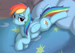 Size: 1436x1019 | Tagged: safe, artist:skipsy, rainbow dash, pegasus, pony, bed, bedroom eyes, female, lying down, mare, pillow, plump, prone, solo