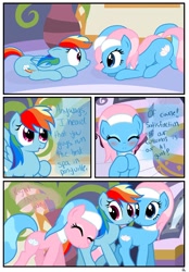 Size: 1741x2500 | Tagged: safe, artist:pyruvate, aloe, lotus blossom, rainbow dash, earth pony, pegasus, pony, comic:the usual, :3, :o, blushing, comic, cute, eyes closed, female, floppy ears, mare, open mouth, ponyville spa, prone, pushing, smiling, spa, spread wings, wide eyes