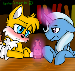 Size: 480x451 | Tagged: safe, artist:gatoamante, derpibooru import, trixie, alcohol, beer, crossover, crossover shipping, drunk, eye contact, frown, magic, miles "tails" prower, sonic the hedgehog (series), telekinesis