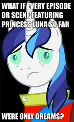 Size: 699x1146 | Tagged: safe, shining armor, pony, unicorn, sleepless in ponyville, black background, conspiracy shining armor, exploitable meme, image macro, male, simple background, stallion