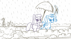 Size: 831x460 | Tagged: safe, artist:foudubulbe, derpibooru import, maud pie, trixie, pony, comic:damp rocks, annoyed, female, frown, glare, hoof hold, lesbian, levitation, magic, mauxie, open mouth, pickaxe, rain, rock, rock farm, shipping, telekinesis, umbrella, video, youtube link