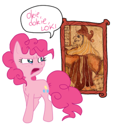 Size: 400x442 | Tagged: safe, artist:rannarbananar, pinkie pie, earth pony, pony, ew gay, female, loki, mare, okie doki loki, pun, solo, visual pun