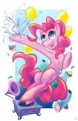 Size: 698x1080 | Tagged: safe, artist:hobbes-maxwell, pinkie pie, earth pony, pony, balloon, confetti, cupcake, female, gramophone, jumping, mare, open mouth, party cannon, record player, smiling, solo