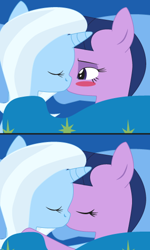 Size: 318x530 | Tagged: safe, artist:dekomaru, derpibooru import, edit, trixie, twilight sparkle, pony, unicorn, bed, blushing, female, kissing, lesbian, shipping, twixie