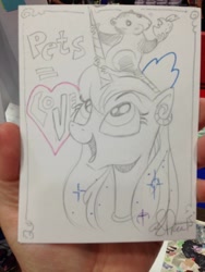 Size: 768x1024 | Tagged: safe, artist:andypriceart, princess luna, tiberius, alicorn, opossum, pony, traditional art