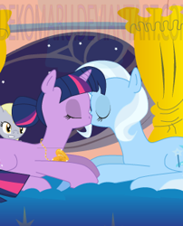 Size: 268x332 | Tagged: safe, artist:dekomaru, derpibooru import, edit, derpy hooves, trixie, twilight sparkle, pegasus, pony, unicorn, cropped, female, golden oaks library, kissing, lesbian, shipping, twixie