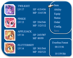 Size: 1078x854 | Tagged: safe, derpibooru import, applejack, fluttershy, pinkie pie, twilight sparkle, earth pony, pegasus, pony, final fantasy, menu screen, parody