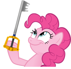 Size: 990x960 | Tagged: safe, pinkie pie, earth pony, pony, female, keyblade, kingdom hearts, look what pinkie found, mare, meme, simple background, smiling, solo, transparent background