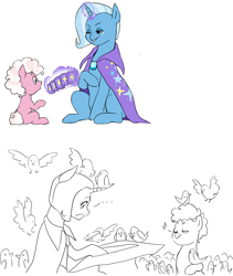 Size: 1828x2162 | Tagged: safe, artist:pikokko, derpibooru import, trixie, oc, oc:marshall (marshmallow), dove, earth pony, pony, ..., blank flank, card trick, colt, duo, levitation, magic, male, offspring, parent:pinkie pie, parent:pokey pierce, parents:pokeypie, simple background, telekinesis, white background