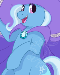 Size: 800x1000 | Tagged: safe, artist:darkodraco, derpibooru import, trixie, pony, unicorn, cape, clothes, cutie mark, female, happy, hat, looking at you, mare, open mouth, smiling, solo, standing, trixie's cape, trixie's hat