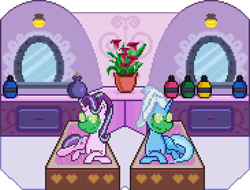 Size: 549x417 | Tagged: safe, artist:8-bitbrony, derpibooru import, starlight glimmer, trixie, pony, unicorn, cucumber, food, mud mask, pixel art, spa