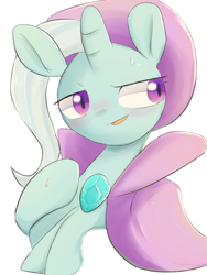 Size: 768x1024 | Tagged: safe, artist:91o42, derpibooru import, trixie, pony, unicorn, blushing, bust, cape, clothes, female, hat, looking away, mare, simple background, smiling, solo, sweat, trixie's cape, trixie's hat, white background, wizard hat