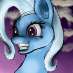 Size: 1000x1000 | Tagged: safe, artist:cleoziep, derpibooru import, trixie, pony, unicorn, female, grin, lightning, mare, solo