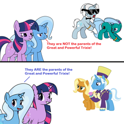 Size: 1364x1368 | Tagged: safe, artist:dekomaru, artist:sketchmcreations, derpibooru import, edit, jack pot, sunflower spectacle, trixie, twilight sparkle, oc, oc:hazel lulamoon, oc:iniduoh, pony, unicorn, ask, female, gangnam style, jacktacle, lesbian, op is trying to start shit so badly that it's kinda funny, shipping, sunglasses, trixie's parents, tumblr, tumblr:ask twixie, twixie