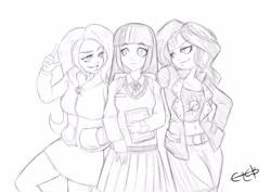 Size: 4093x2894 | Tagged: safe, artist:ereb-tauramandil, derpibooru import, sunset shimmer, trixie, twilight sparkle, human, belly button, book, clothes, counterparts, hoodie, humanized, jacket, magical trio, midriff, monochrome, necktie, sandwich, sketch, skirt, smug, sweater vest, twilight's counterparts