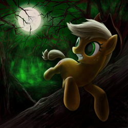 Size: 800x800 | Tagged: safe, artist:averagedraw, applejack, earth pony, pony, applejack's hat, cowboy hat, female, forest, green light, hat, jumping, looking back, mare, moon, night, running, solo, tree