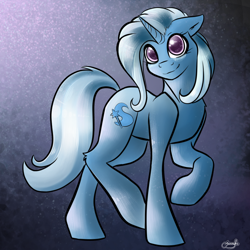 Size: 900x900 | Tagged: safe, artist:psychoticminkiepie, derpibooru import, trixie, pony, unicorn, abstract background, female, floppy ears, looking at you, mare, smiling, solo