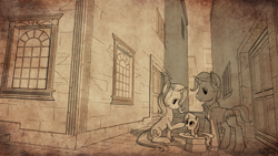 Size: 3840x2160 | Tagged: safe, artist:robsa990, derpibooru import, jack pot, sunflower spectacle, trixie, pony, alleyway, female, filly, hat, jacktacle, male, mare, monochrome, sketch, stallion, top hat