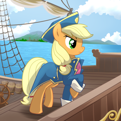 Size: 1000x1000 | Tagged: safe, artist:madmax, applejack, earth pony, pony, captain, clothes, female, hat, mare, raised hoof, ship, solo, stern, uniform, water