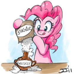 Size: 700x700 | Tagged: safe, artist:johnjoseco, pinkie pie, earth pony, pony, alcohol, bipedal, eyes on the prize, female, gradient background, mare, solo, sugar (food), tongue out, whiskey