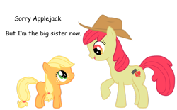 Size: 1024x636 | Tagged: safe, artist:masamunya, apple bloom, applejack, earth pony, pony, adult, age swap, apple sisters, duo, duo female, eye contact, female, filly, filly applejack, foal, looking at each other, mare, older, older apple bloom, raised hoof, role reversal, siblings, simple background, sisters, transparent background, vector, younger