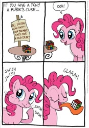 Size: 500x720 | Tagged: safe, artist:kturtle, pinkie pie, earth pony, pony, comic, female, hilarious in hindsight, mare, pinkie being pinkie, rubik's cube, solo, tongue out