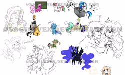 Size: 4000x2400 | Tagged: safe, artist:usagilovex, derpibooru import, blossomforth, bon bon, cheerilee, daring do, discord, dj pon-3, fluttershy, lyra heartstrings, nightmare moon, octavia melody, princess celestia, sweetie drops, trixie, vinyl scratch, human, blush sticker, blushing, cello, chalkboard, chibi, dislestia, female, humanized, male, musical instrument, shipping, sitting lyra, straight, turntable