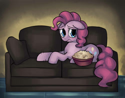 Size: 1810x1418 | Tagged: safe, artist:mewball, pinkie pie, earth pony, pony, female, floppy ears, food, mare, popcorn, prone, sad, sofa, solo