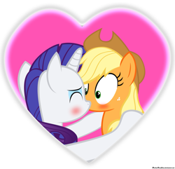 Size: 1183x1140 | Tagged: safe, artist:navitaserussirus, applejack, rarity, earth pony, pony, unicorn, blushing, female, kissing, lesbian, mare, rarijack, shipping