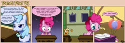 Size: 1400x489 | Tagged: safe, artist:solar-slash, applejack, fluttershy, pinkie pie, oc, oc:soulful note, earth pony, pegasus, pony, unicorn, book, comic, female, filly, fourth wall, mare, mouth hold, panel play, pencil, plushie, school