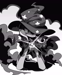 Size: 5211x6336 | Tagged: safe, artist:rikose, artist:sora1151, derpibooru import, trixie, pony, unicorn, absurd resolution, action pose, black and white, cape, clothes, female, grayscale, hat, looking at you, mare, monochrome, smoke, solo, trixie's cape, trixie's hat